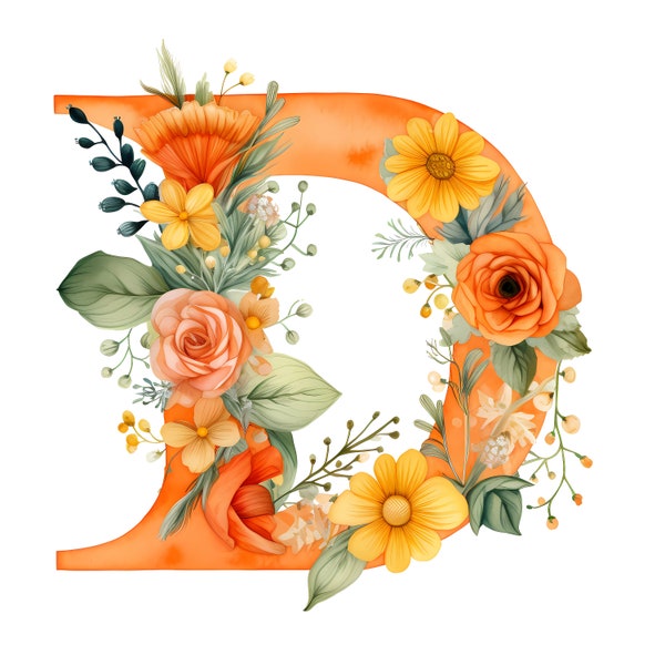 Orange Floral Letter D Graphic | Transparent Letter Graphic | Printable Art, Aesthetic Letter, Digital Download, Alphabet Graphic
