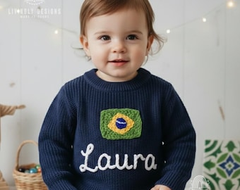Custom Name Brazil Flag & Name Sweater: Personalized Jumper for Babies, Kids, Toddlers