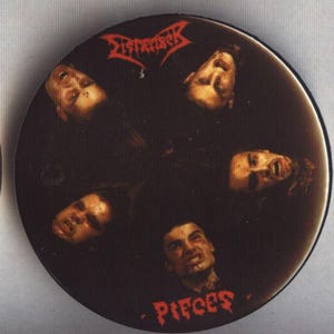 May include: A circular badge with a dark background. It features five faces arranged in a circle. The word "Pieces" is in red, stylized text at the bottom. The band name "Dismember" is at the top in red, stylized text.