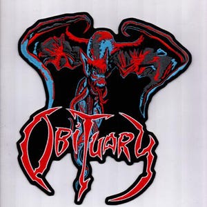 May include: Embroidered patch featuring a red, blue, and gray demonic figure with large wings against a black background. The word "OBITUARY" is in red, stylized lettering. The patch has a black border.