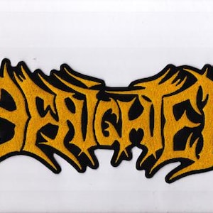 May include: A patch with the word "BRIGHTED" in a stylized, yellow font with black outlines. The design has a jagged, gothic aesthetic, set against a white background.