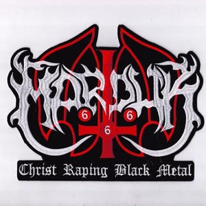 May include: A black, white, and red patch with the words "HAR D" in a stylized font. A red cross is in the center, with the number "6" on each side and below. The text "Christ Raping Black Metal" is at the bottom.