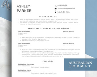 First job Resume, Graduate Australian Resume format, Student Word CV, Australia CV layout