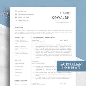 Plantilla de CV moderna y sencilla, formato Word y Pages, CV ejecutivo, CV en formato australiano, incluye carta de presentación y referencias.
