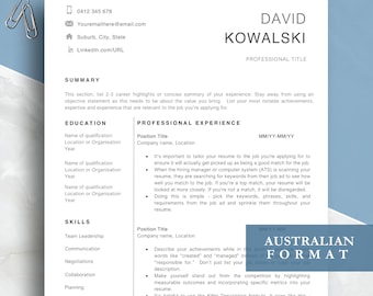 Modern Simple Resume template, Word and Pages format, Executive CV, Australian Format Resume, Includes Cover letter and References