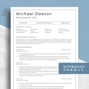 Plantilla de currículum técnico, diseño limpio, sencillo y personalizable, formato australiano, formato Word y Pages.