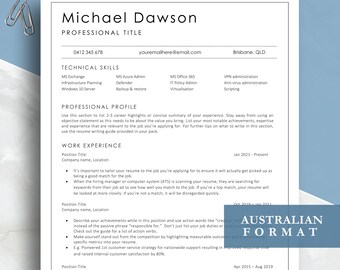 Technical Resume Template, Clean and simple customisable design, Australian resume format, Word and Pages format