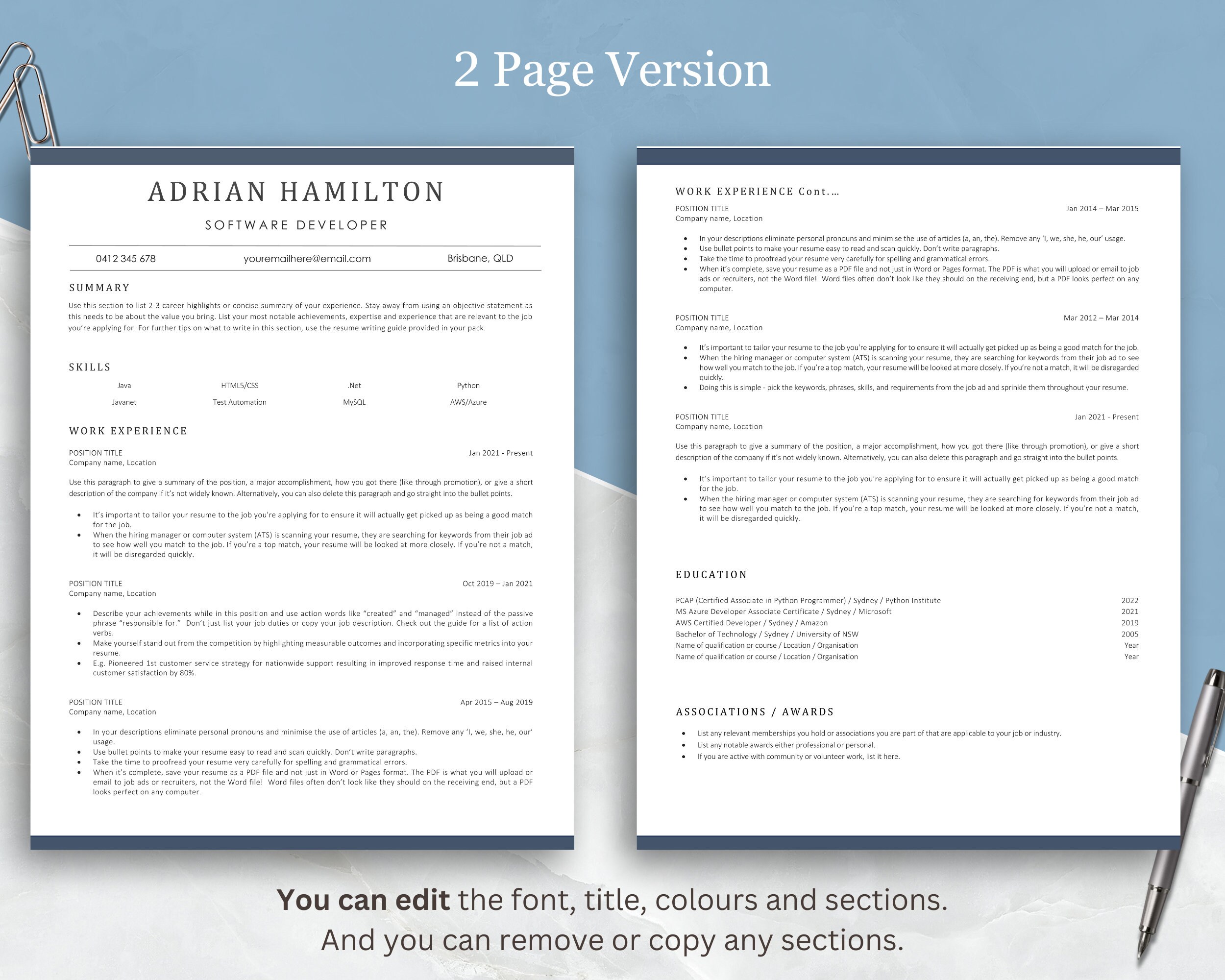 Software Developer Resume Template Ats Friendly Tech Cv Google Docs