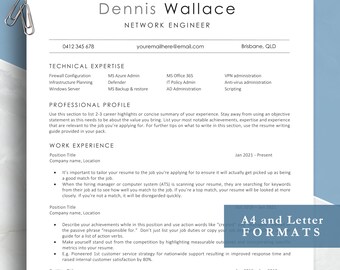 Network Engineer resume template, Technical CV template, skills based job application in Word, Pages and Google Docs formats.