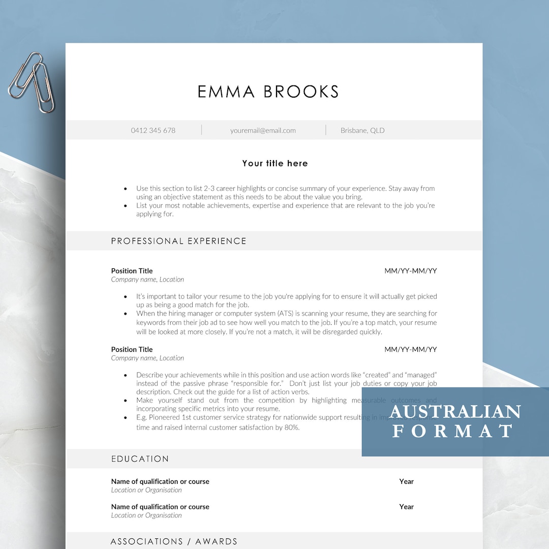 Australian Format Resume Template for MS Word and Pages With Digital Download, Resume and Cover