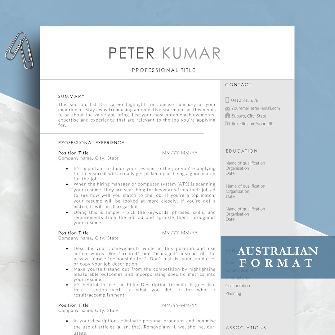 Modern Resume Template, Best Australian Format, ATS Friendly Cv, Professional CV Design, Word