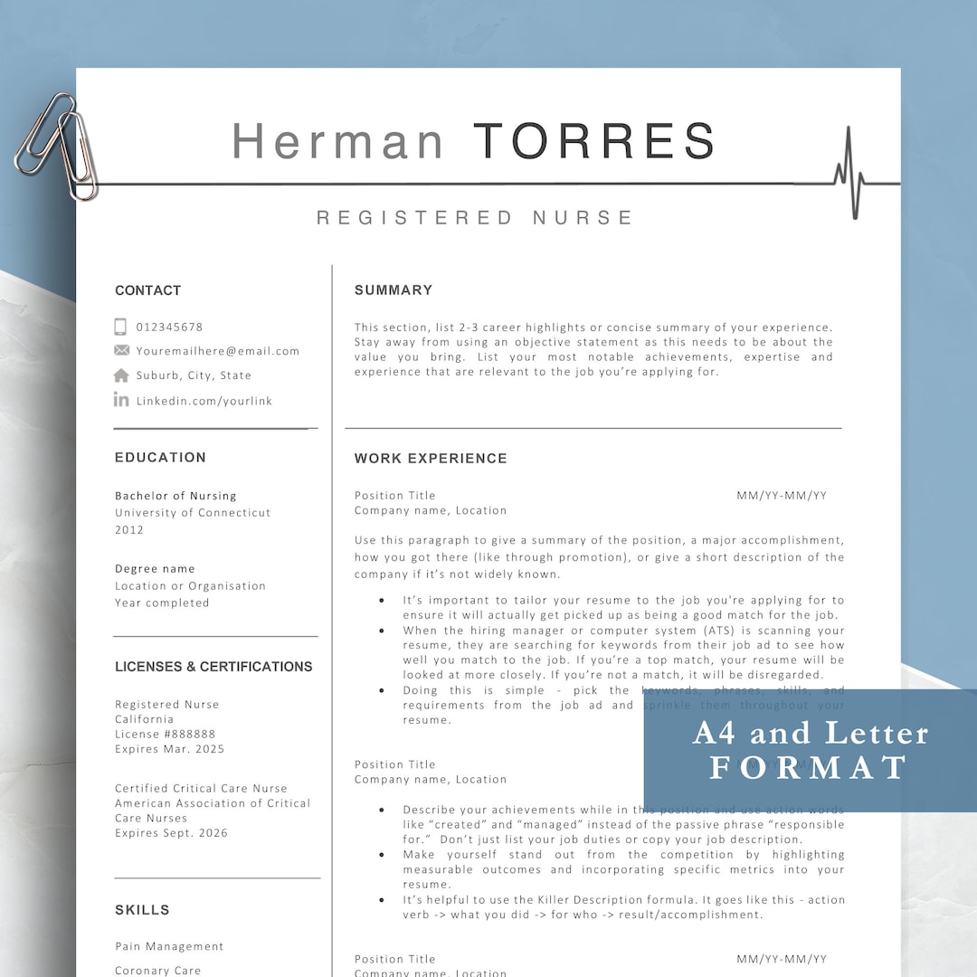 Nurse Resume Template for Word, Pages and Google Docs | Resume for ...