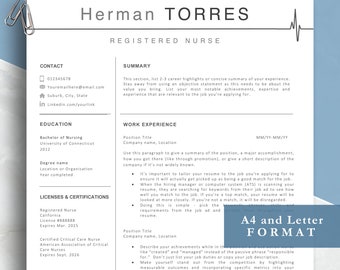 Nurse Resume Template for Word, Pages and Google Docs | Resume for Registered Nurse or Nurse Practitioner | A4 and US Letter