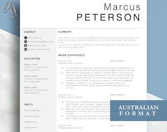 Australian resume format, stylish professional cv template, Word and Pages Format, includes Cover letter and References