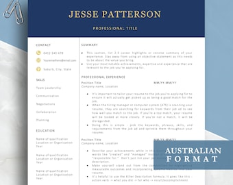 Clean modern resume Australian Format, Without Photo, Fully customisable, printable MS Word and Pages format