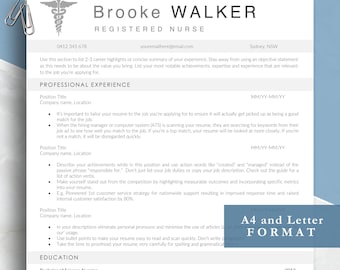 Nurse Resume Template for Australian format, Word Pages Google Docs formats, Registered Nurse or Medical resume, Customisable and modern