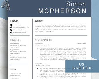 Stylish professional resume template, Letter/A4 sizes, Word and Pages format, customisable cover letter and references, job application