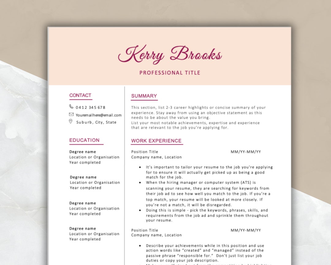 Australian Resume Format, Stylish Professional Cv Template, Colour Word