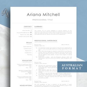 Plantilla de CV profesional fácil de usar, Word y Pages, CV ejecutivo, CV en formato australiano, CV limpio y personalizable.