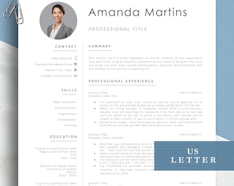 Professional Resume Template with Photo | Corporate CV for Word and Pages | A4 and US Letter | Amanda Design