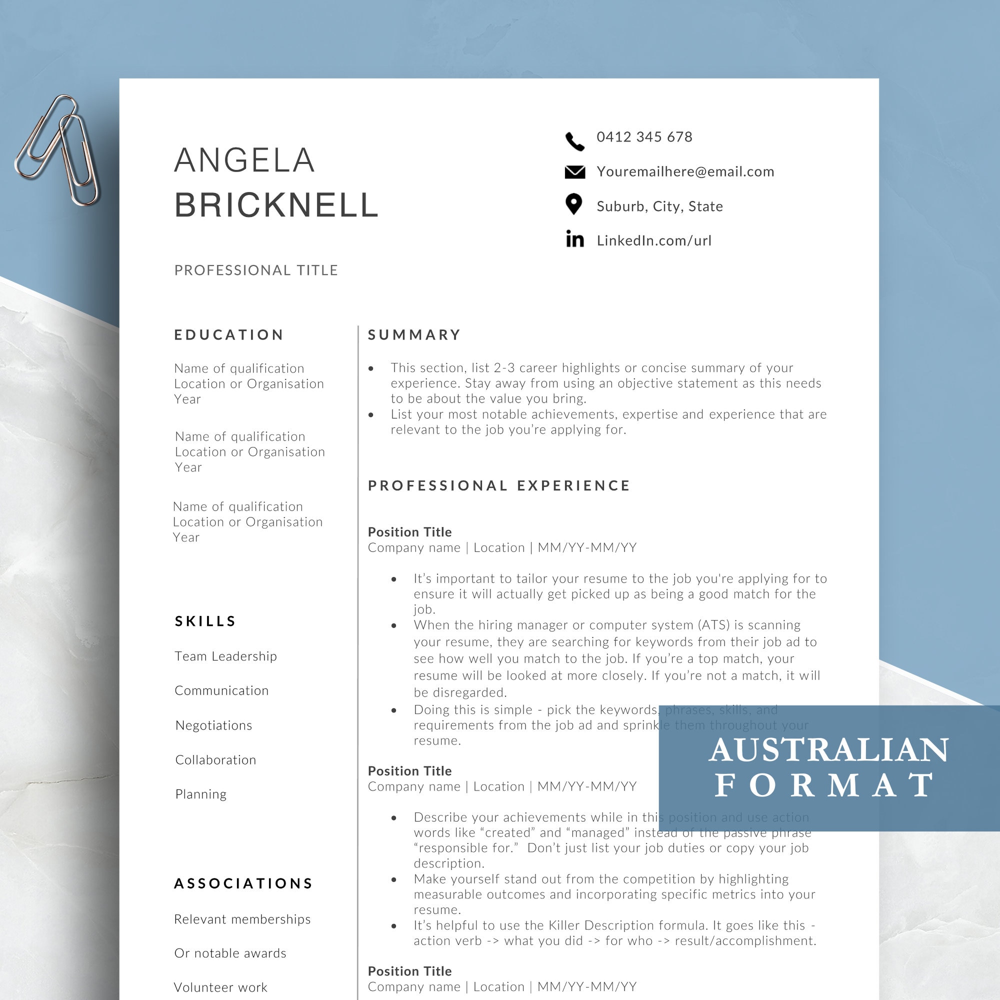 Professional Resume Template | Ats-friendly CV | AU Standard Format