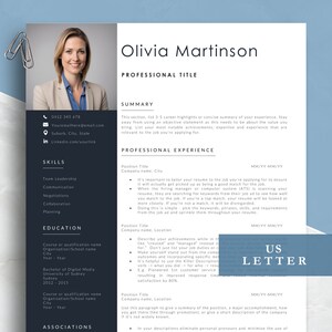 Currículum profesional con fotografía a color, tamaño carta/A4, plantilla para Word y Pages, CV personalizable, solicitud de empleo