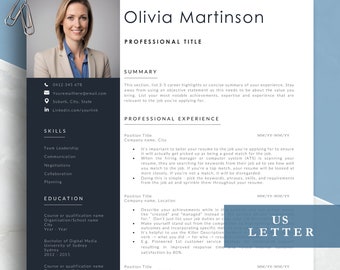 Professional Colour Photo Resume, US Letter/A4, Word and Pages template, customisable CV, job application