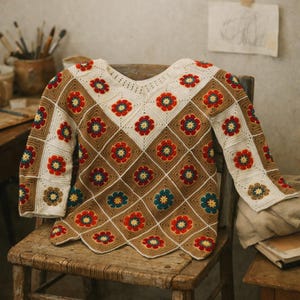 Op de afbeelding: Een gehaakte trui met bloemmotief in bruin, wit en rood. De trui heeft een ruitpatroon en wordt gepresenteerd op een houten stoel. Het vakmanschap van de trui komt tot uiting in de ingewikkelde details.