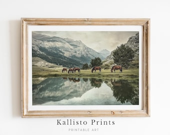 風景の水彩画 (田園風景)額入り なだらかな丘陵の風景画 - 田園風景の水彩画（デジタルダウンロード