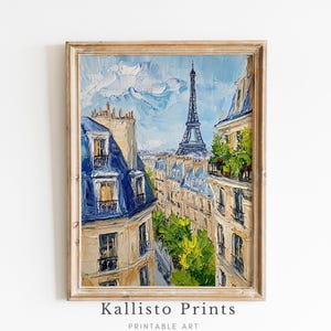 Puede incluir: Una pintura de una escena callejera parisina con la Torre Eiffel en la distancia. La pintura está realizada en un estilo suelto e impresionista con colores brillantes. Los edificios están pintados en tonos de amarillo, naranja y marrón, mientras que el cielo es de un azul brillante. La Torre Eiffel está pintada en un color gris oscuro.