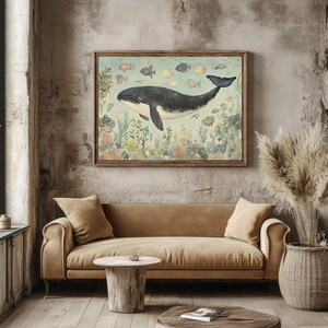 Lámina artística de ballenas y vida marina / Decoración costera oceánica (descarga digital) imagen 8