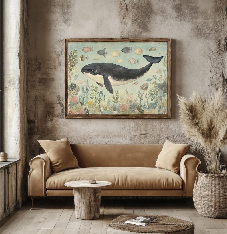 Lámina artística de ballenas y vida marina / Decoración costera oceánica (descarga digital) imagen 8