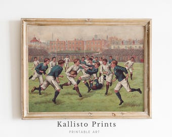 May include: A vintage illustration of a rugby match in progress. The players are wearing white and blue uniforms and are running and tackling each other on a green field. There are spectators in the background.