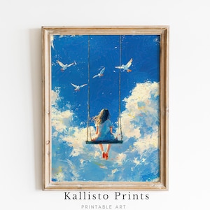 Puede incluir: Una pintura de una niña sentada en un columpio en las nubes. El cielo es azul y hay nubes blancas. También hay pájaros blancos volando en el cielo.