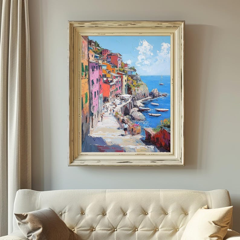 Colorful Mediterranean Coastal Town Wall Art - Digital Print - Vibrant ...
