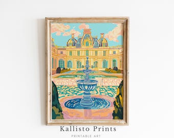 Lámina artística de un castillo francés, ilustración del jardín del palacio (descarga digital)
