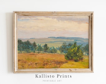 Golden Meadow and Verdant Trees, Pastoral Landscape Art, Warm Tone Countryside Print