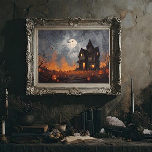 Puede incluir: Una pintura enmarcada con temática de Halloween representa una casa embrujada bajo la luna, rodeada de calabazas y árboles desnudos. El marco plateado ornamentado complementa la escena espeluznante. La pintura se exhibe sobre una superficie oscura con velas y otras decoraciones de Halloween.