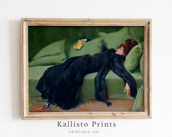 Woman Lying on Sofa Decadent | Vintage Woman Reading Art Printable | Victorian Lady on Green Sofa Wall Art | Classic Black Dress Decor | 477
