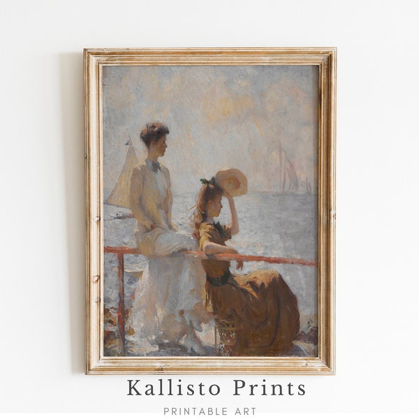 Seaside Elegance Art Print, Impressionist Beach Scene, Victorian Ladies by the Sea, Classic Coastal Wall Art, Vintage Ocean View Decor