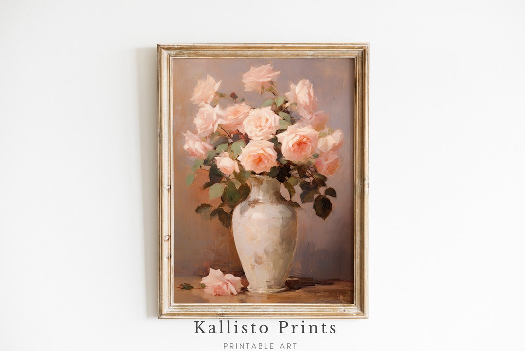 Vintage Pink Roses Painting – Cottagecore Floral Art Print (digital ...