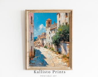 Stampa artistica di un villaggio mediterraneo, scena costiera italiana d'epoca (download digitale)