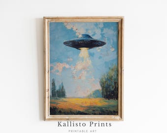 Stampa a olio di UFO, opera d'arte surreale di paesaggio fantascientifico (download digitale)