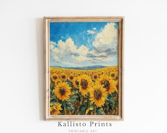 Sunflower Field Landscape Print – Painterly Farmhouse Artwork (Digital Download)