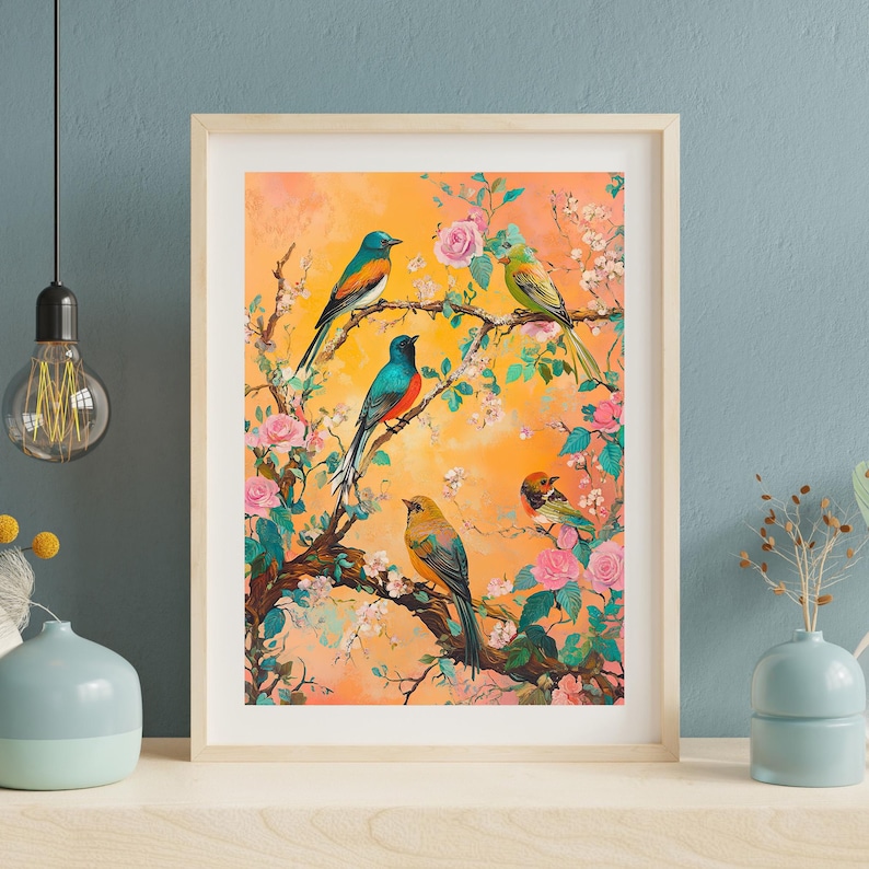May include: A framed print of a painting featuring five colorful birds perched on a blooming tree branch with pink flowers. The birds are a mix of blue, green, yellow, and orange. The background is a soft orange.
