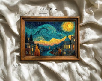 Starry Night Village Print – Van Gogh Inspired Fantasy Art (Digital Download)