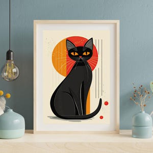 Mid Century Modern Black Cat Art Print, Retro Minimalist Decor (digital ...
