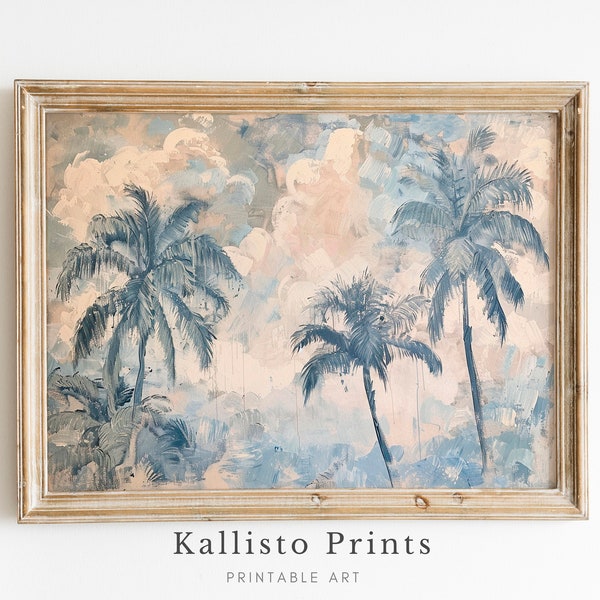 Coastal Palm Tree Art Print, Abstract Seascape Wall Art, Beachy Blue & White Decor, Tropical Digital Print, Coastal Chic Home Wall Decor