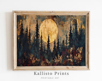Mystical Forest Moon Print, Boho Woodland Landscape (Digital Download)