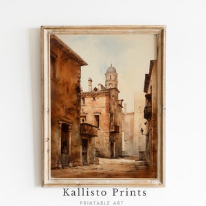 Vintage European Street Printable Art, Old Town Architecture with Tower, Rustic Italian Cityscape Decor Download/67